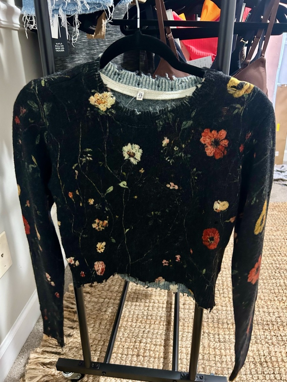R13 Womens Distressed Floral Crop Sweater Size Medium Black